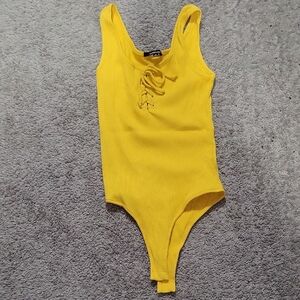 Mustard Yellow Ribbed Lace-Up One-Piece Bodysuit